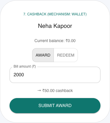 Counter redemption screen for the Cashback program type