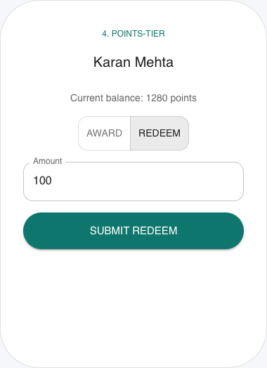 Counter redemption screen for the Points + Tier program type