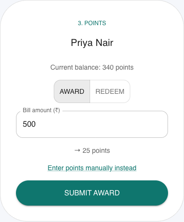 Counter redemption screen for the Points program type