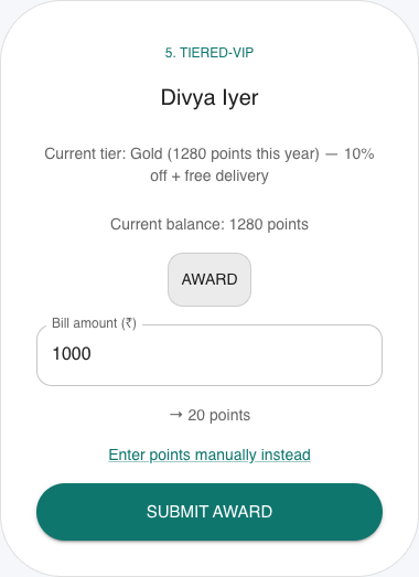 Counter redemption screen for the Tiered VIP program type